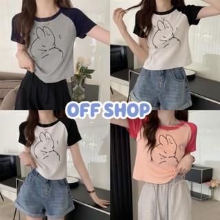 OFF SHOP พร้อมส่ง (OFF-58067-1) เสื้อไหมพรม คอกลม แขนทูโทนลายกระต่าย 3สี -C