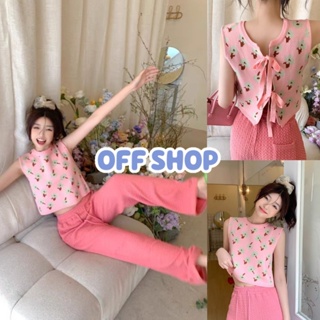 OFF SHOP พร้อมส่ง (OFF-45037) เสื้อกล้ามไหมพรมลายดอกไม้ คอกลมแขนกุด  ดีเทลผูกที่ด้านหลัง สีชมพูๆ-C