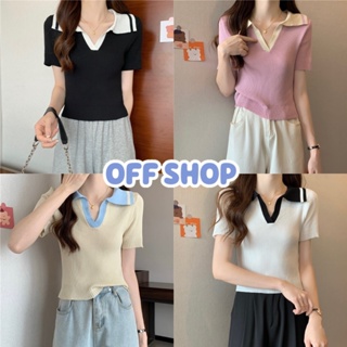 OFF SHOP พร้อมส่ง (OFF-80090) เสื้อไหมพรมแขนสั้น คอปก ดีเทลผ้าร่องเล็ก -C