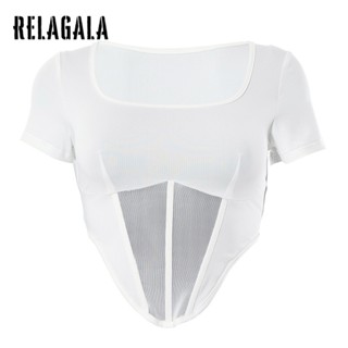 Relagala เสื้อยืด คอสี่เหลี่ยม แขนสั้น ผ้าตาข่าย สีพื้น แฟชั่นใหม่ สําหรับผู้หญิง 2023