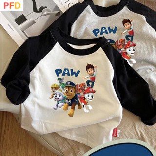 paw patrol เสื้อยืดแขนยาว ผ้าฝ้ายแท้ ลายอุ้งเท้า ขนาดเล็ก แฟชั่นฤดูใบไม้ผลิ และฤดูร้อน สําหรับเด็กผู้ชาย และเด็กผู้หญิง