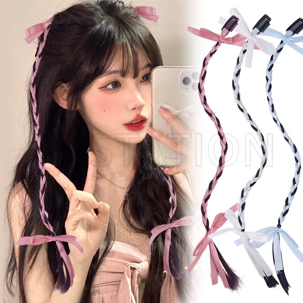 กิ๊บติดผมหางม้า แบบถักเปีย สองชั้น ประดับโบว์ มองไม่เห็น เครื่องประดับ สําหรับเด็กผู้หญิง Y2K