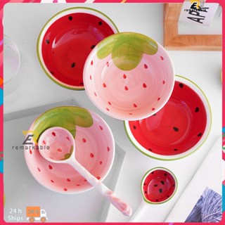 พร้อมส่ง Kids Strawberry Watermelon ชามเซรามิกน่ารักช้อนด้ามยาวบนโต๊ะอาหารชามการ์ตูนเด็กชามซุปอุปกรณ์ครัวที่น่าทึ่ง_th