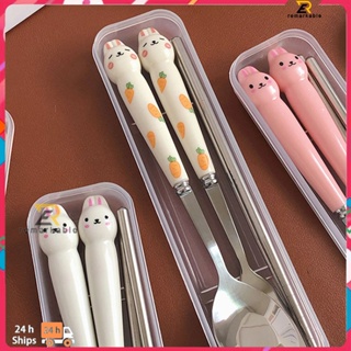 Ready stock Cartoon Carrot Rabbit Tableware Set Student Stainless Steel Chopsticks Portable Long Handle Spoon Fork For Easy Storage ทรอปิคอล_th