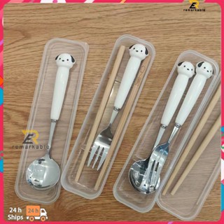 พร้อมส่ง Chapacou Dog Portable Tableware Stainless Steel Spoon Fork Transparent Storage Box Cartoon Kids Home Takeaway Tableware amazing_th