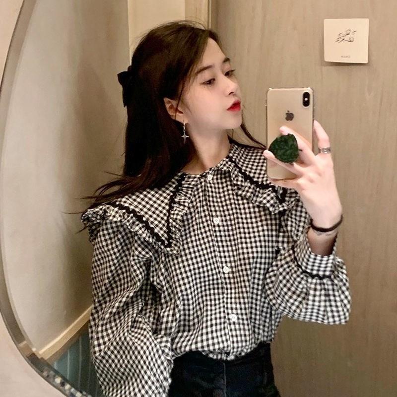 เสื้อเชิ้ตแขนยาว คอตุ๊กตา ลายสก๊อต แฟชั่นฤดูใบไม้ผลิ และฤดูใบไม้ร่วง สไตล์ฝรั่งเศสเรโทร สําหรับผู้หญิง 2023