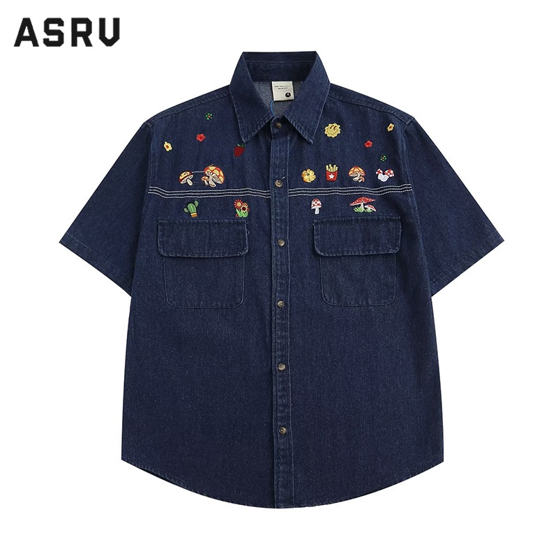 ASRV เสื้อใหม่สีทึบแขนสั้น ins คอแหลมวรรณกรรมสไตล์ญี่ปุ่นหลวมอินเทรนด์อารมณ์เดียวแถวหลายปุ่มเสื้อแฟชั่น