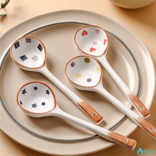 ช้อนเซรามิคเพ้นท์มือด้ามยาวน่ารักช้อนซุปบนโต๊ะอาหารญี่ปุ่น Home Puff Spoon Stoneware Spoon TH1