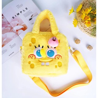 [พร้อมส่ง] ของแท้ กระเป๋าสะพายไหล่ลําลอง ผ้ากํามะหยี่ขนนิ่ม ลาย SpongeBob SquarePants ขนาดพกพา สําหรับเด็กผู้หญิง นักเรียน CE7R