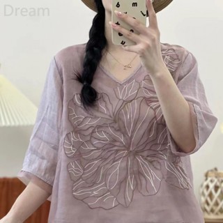 Retro V-neck embroidered stitching top summer New loose slimming temperament all-match breathable top for women