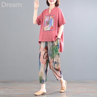 Womens summer new Western-style V-neck short-sleeved artistic printed top loose fashion harem pants two-piece set