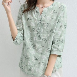 Plain elegant jacquard cotton and linen top fresh age-reducing versatile fashion floral pullover shirt for women