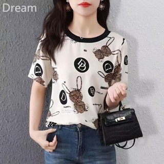 Silk-like printed upper clothes summer New Ice Silk large size short sleeve ins trendy letter loose T-shirt for women