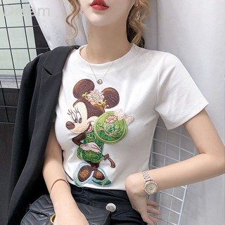 Korean Mickey embroidered slim T-shirt pink ins top