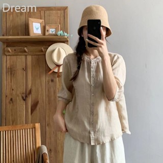 Cotton and linen organ pleated shirt womens summer solid color shirt beautiful loose cotton and linen cardigan top