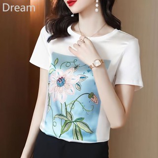 Heavy silk-like T-shirt womens short-sleeved loose summer new I round neck silk-like printed stitching top fashion