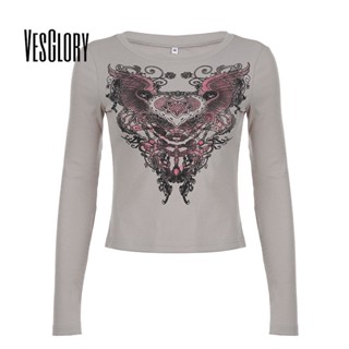 Vesglory เสื้อครอปท็อป แขนยาว คอกลม พิมพ์ลาย สีพื้น ทรงสลิมฟิต แฟชั่นสําหรับผู้หญิง 2023