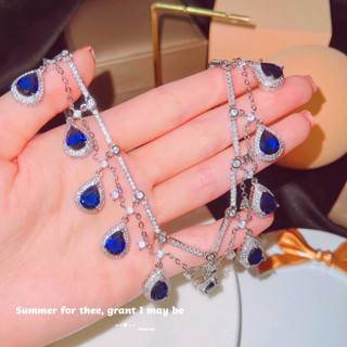 Rovski แฟชั่นเกาหลี พร้อมส่ง เครื่องประดับ Haute Couture เครื่องประดับเพชรเต็มชุดไพลินโซ่หรูหราจัดเลี้ยงหยดลูกแพร์รูปร่างสร้อยคอผู้หญิง