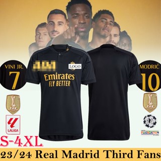 เสื้อกีฬาแขนสั้น ลายทีมชาติฟุตบอล Real M Third สีดํา ไซซ์ S-4XL 2023-24