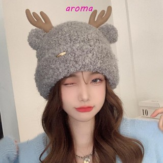 Aroma หมวกบีนนี่ ผ้าวูล ลายการ์ตูนเขากวางน่ารัก กันลม ให้ความอบอุ่น ของขวัญวันคริสต์มาส สําหรับผู้หญิง