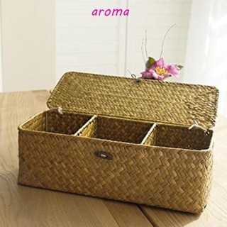 Aroma ตะกร้าหวายสานมือ ทรงสี่เหลี่ยมผืนผ้า 3 ช่อง พร้อมฝาปิด กันฝุ่น แฮนด์เมด สร้างสรรค์ สําหรับใส่เสื้อผ้า