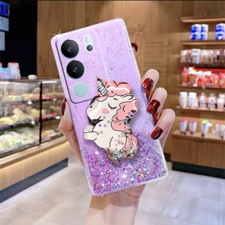 พร้อมส่ง ใหม่ เคสโทรศัพท์มือถือนิ่ม แบบใส ลายการ์ตูนยูนิคอร์นน่ารัก แต่งกลิตเตอร์ ระยิบระยับ พร้อมขาตั้งน้ํา สําหรับ VIVO V29 5G X90 Pro 2023 VIVOV295G