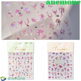 Anemone สติกเกอร์ติดเล็บ ลายการ์ตูนแมงกะพรุน หางนางเงือก ประดับเพชร สีชมพู สําหรับตกแต่งเล็บ DIY