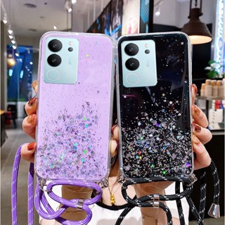 พร้อมส่ง เคสโทรศัพท์มือถือ ซิลิโคนนิ่ม ใส กันกระแทก แต่งกลิตเตอร์ดาว พร้อมสายคล้องคอ สําหรับ VIVO V29 5G X90 Pro 2023