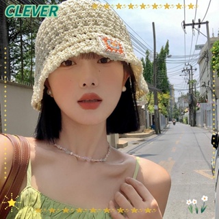 Clever หมวกฟางถักโครเชต์ ทรงบักเก็ต ฉลากฉลาก ระบายอากาศ แฟชั่นฤดูร้อน