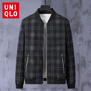 Uniqlo เสื้อแจ็กเก็ตเบสบอล แขนยาว ลายสก๊อต มีซิป กันลม แฟชั่นสําหรับผู้ชาย ไซซ์ M-5XL