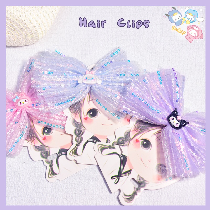 Sanrio กิ๊บติดผมน่ารักสาว Kuromi Bow Sequins Princess Hairpin เด็กทารกน่ารักหมวกหวาน