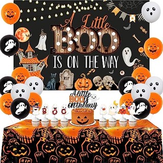 Cheereveal ผ้าปูโต๊ะ ลายลูกโป่ง A Little Boo Is On The Way สีส้ม สีดํา สําหรับตกแต่งปาร์ตี้ฮาโลวีน