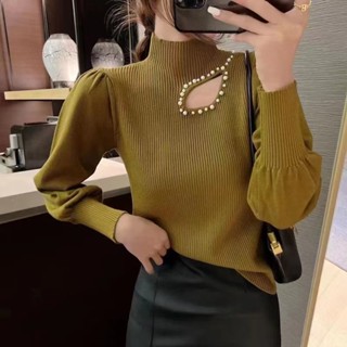 เสื้อแขนยาว คอสูง แบบสวมหัว ผ้าถัก ประดับลูกปัดกลวง ออกแบบดี แบบสวมหัว สําหรับผู้หญิง