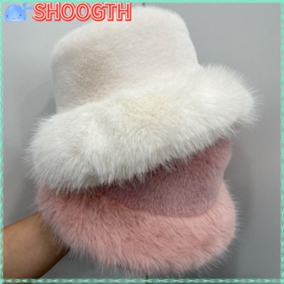 Shoogth หมวกบักเก็ต ผ้ากํามะหยี่ขนนิ่ม ขนเฟอร์เทียม กันความหนาว ขนาดใหญ่ สีพื้น สไตล์ชาวประมง สําหรับผู้หญิง