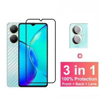 3 in 1 ฟิล์มกระจกนิรภัยกันรอยหน้าจอ และกล้อง คาร์บอนไฟเบอร์ สําหรับ Vivo Y27 5G Y27 Y78 Y02 Y02s Y22 Y22s Y16 Y35 Y30 Y55s Y55 Y35 Y77 Y75 4G 5G