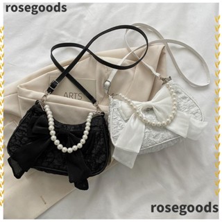 Rosegoods1 กระเป๋าถือ กระเป๋าสะพายไหล่ ผ้าแคนวาส หนัง PU ประดับไข่มุก โบว์ หรูหรา แฟชั่นสําหรับสตรี