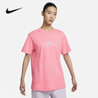 Nike เสื้อยืดแขนสั้น ผ้าฝ้ายถัก 100% ปักลายโลโก้ ทรงหลวม เรียบง่าย แฟชั่นฤดูร้อน สําหรับผู้หญิง FB8204