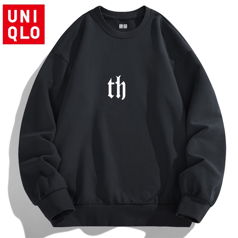 Uniqlo ใหม่ เสื้อสเวตเตอร์แฟชั่นสําหรับผู้ชาย แขนยาว คอกลม พิมพ์ลายตัวอักษร สีพื้น