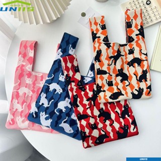 Uniis กระเป๋าถือลําลอง ผ้าถัก ทรงโท้ท ลายแมว
