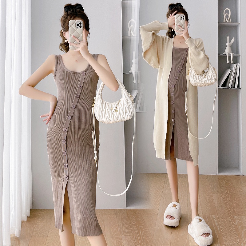 ชุดคลุมท้อง ฤดูใบไม้ร่วง และฤดูหนาว สินค้าใหม่ เสื้อกันหนาว กระโปรงยาว ผ้าถัก สําหรับผู้หญิงตั้งครรภ์