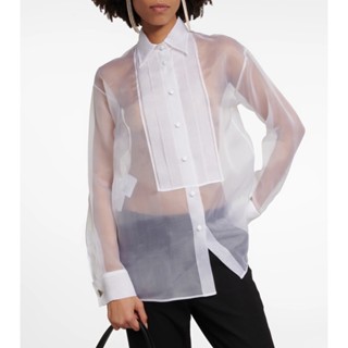 ♥ เช็คสินค้าก่อนสั่ง PRADA SHEER SILK ORGANZA SHIRT เสื้อเชิ๊ต ผ้าไหมแก้ว Silk organza แต่งกระดุมเข็มกลัด พราด้า ปราด้า