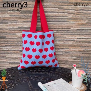 Cherry3 กระเป๋าถือ กระเป๋าช้อปปิ้ง ผ้าถัก แฮนด์เมด รูปหัวใจ ใช้ซ้ําได้ สําหรับผู้หญิง