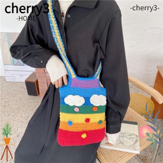 Cherry3 กระเป๋าสะพายไหล่ กระเป๋าถือลําลอง ผ้าถัก ใช้ซ้ําได้ สีรุ้ง แฮนด์เมด เหมาะกับการพกพาชอปปิ้ง สําหรับสตรี