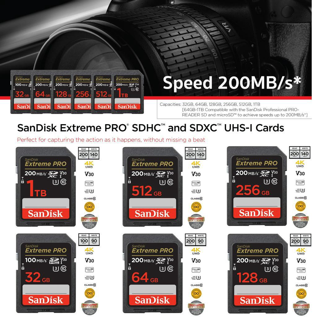 SanDisk Extreme Pro SD Card SDXC Speed R 200MBs 32GB 64GB 128GB ( SDSDXXD ) เมมโมรี่การ์ด SDCARD  กล้องถ่ายภาพ DSLR ประก