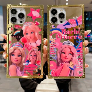 เคสโทรศัพท์มือถือกระจก ทรงสี่เหลี่ยม ลายตุ๊กตาบาร์บี้ สีทอง สําหรับ OPPO RENO 10 8Z 7Z 8T 9PRO+ 8PRO+ 7SE 7PRO A1 F21 PRO RENO10 RENO8Z RENO7Z 5G 4G