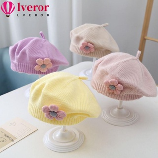 Lveror หมวกเบเร่ต์ ผ้าถัก ลายดอกไม้ สีพื้น สไตล์เจ้าหญิง แฟชั่นสําหรับเด็กผู้หญิง