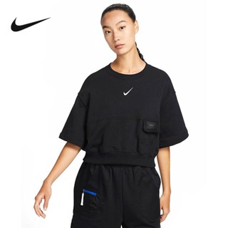 Nike ของแท้ 100% เสื้อยืดคอกลม แขนสั้น ผ้าถัก เอวสูง ทรงสลิมฟิต สไตล์เรโทร สําหรับผู้หญิง DV8039