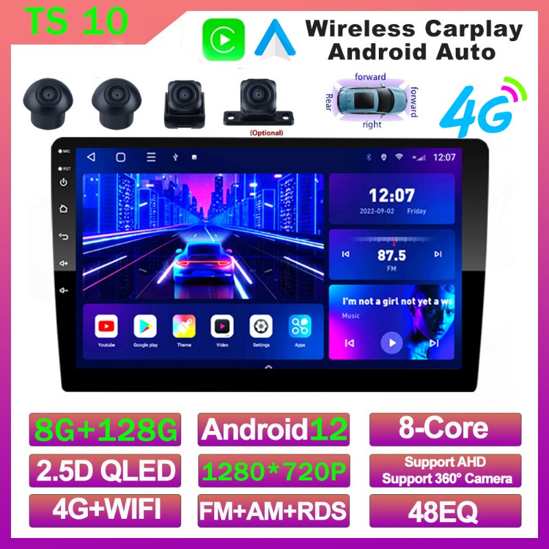 【TS10 7862 Qled หน้าจอสัมผัส】เครื่องเล่น Mp5 ไร้สาย 8 แกน 2din Android พร้อมกล้อง 360 ระบบ Android ส