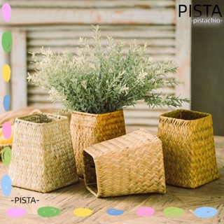 Pista ตะกร้าหวายสาน ทรงสี่เหลี่ยม สีเหลือง แฮนด์เมด ฟางสีเขียว พับได้ สําหรับปลูกต้นไม้ ดอกไม้ สวน