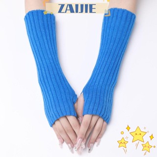 Zaijie24 ถุงมือถัก ถุงมือยาว สีขาว สีดํา สไตล์พังก์ ญี่ปุ่น เปิดนิ้ว อบอุ่น ข้อศอก ถุงมือกลางแจ้ง